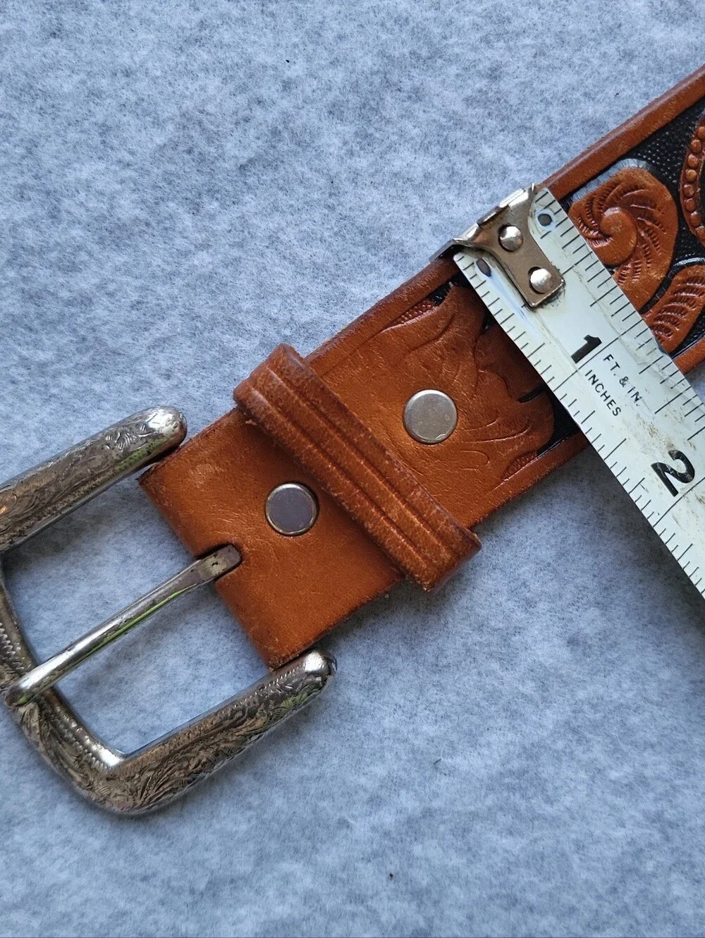 Vintage Looper Western Belt Mens 38 Brown Leather Embossed Tooled Handmade USA